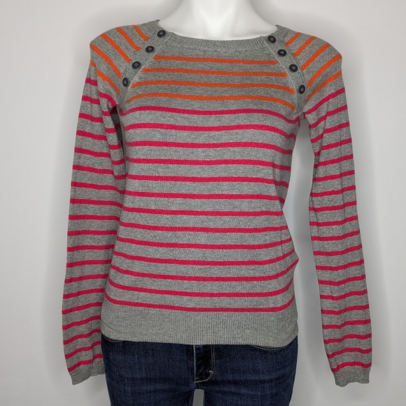 Anthro Sparrow Grey Red Orange Striped Cotton Blend Lightweight Sweater S - Picture 1 of 8